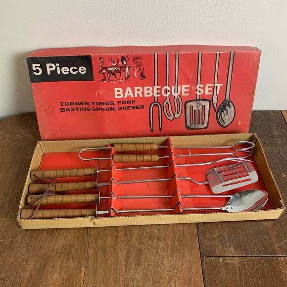 Vintage 1970s five (5) piece metal wooden handle leather loop BBQ Set UNUSED - Picture 2 of 9